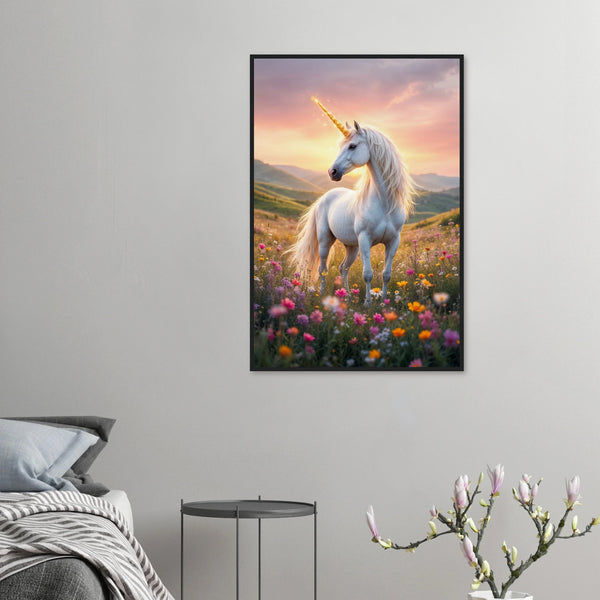 Golden Horn - Unicorn in Wildflowers Framed Poster - 60x90 cm 24x36″ Black frame - Wooden Framed Posters