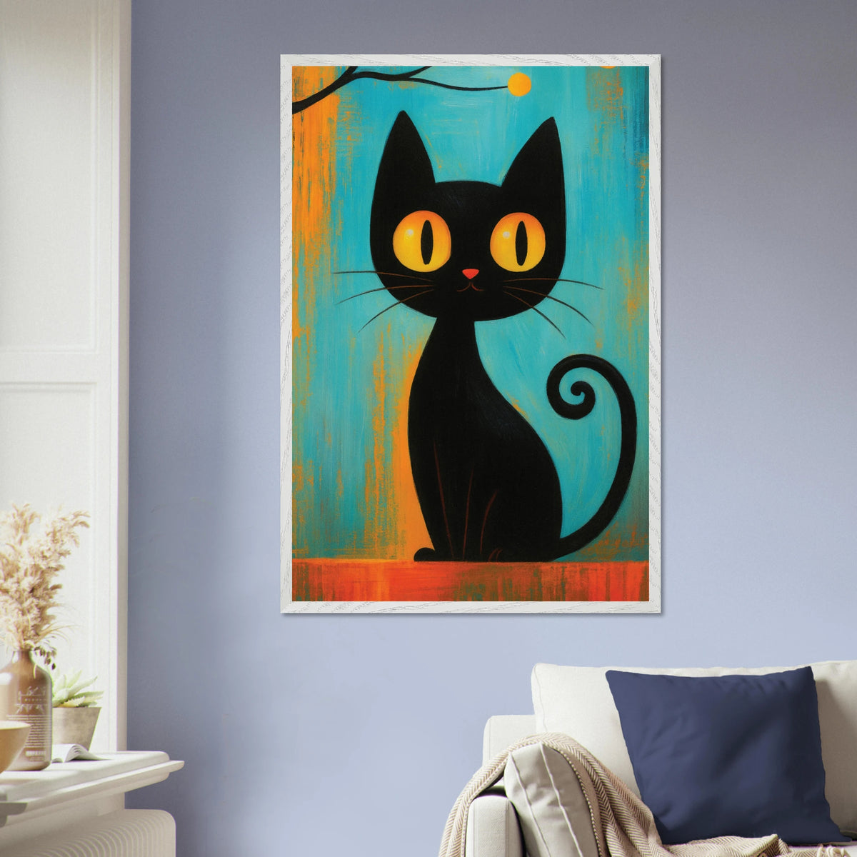 Retro Black Cat Art Print – Playful Wooden Frame Poster - - Wooden Framed Posters