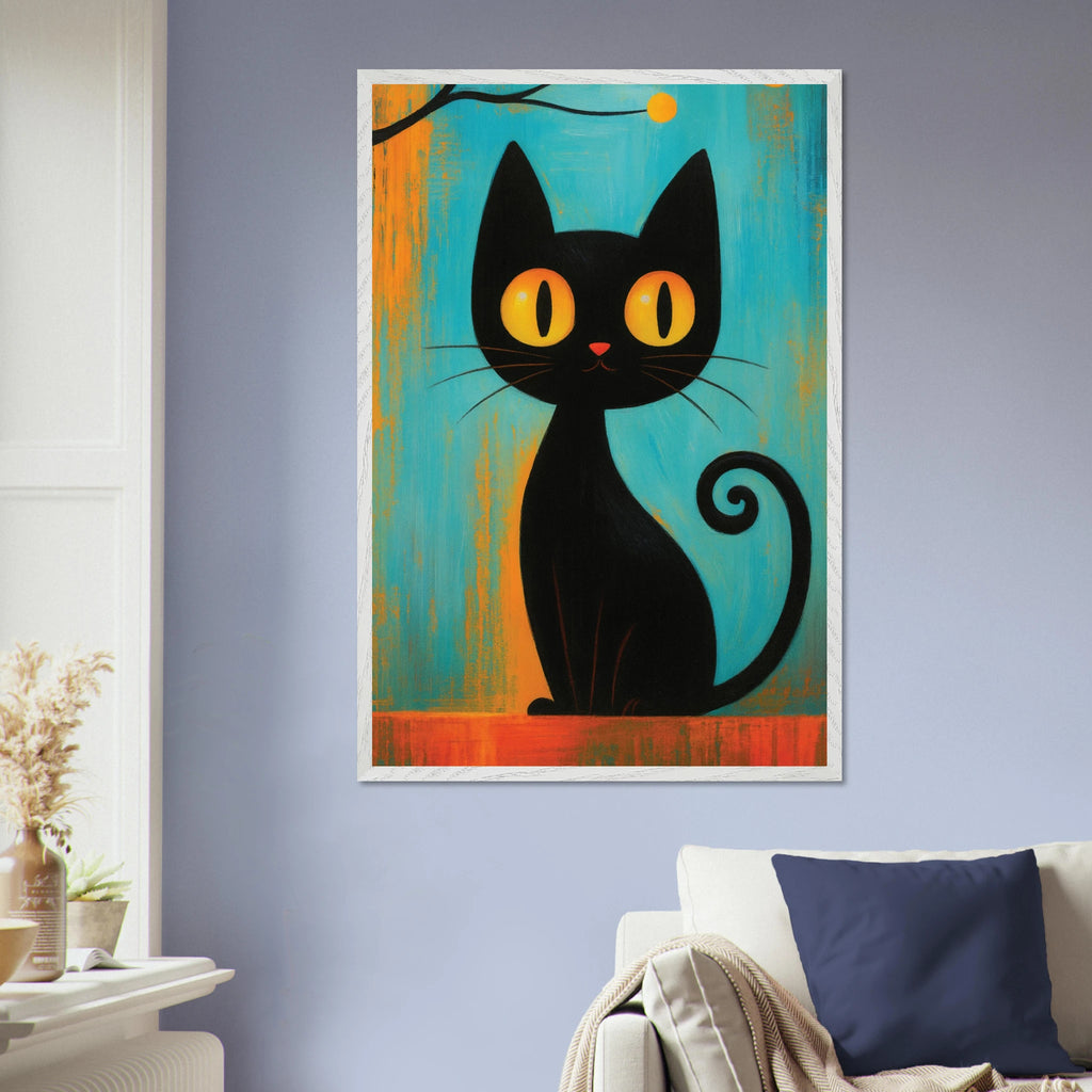 Retro Black Cat Art Print – Playful Wooden Frame Poster - - Wooden Framed Posters