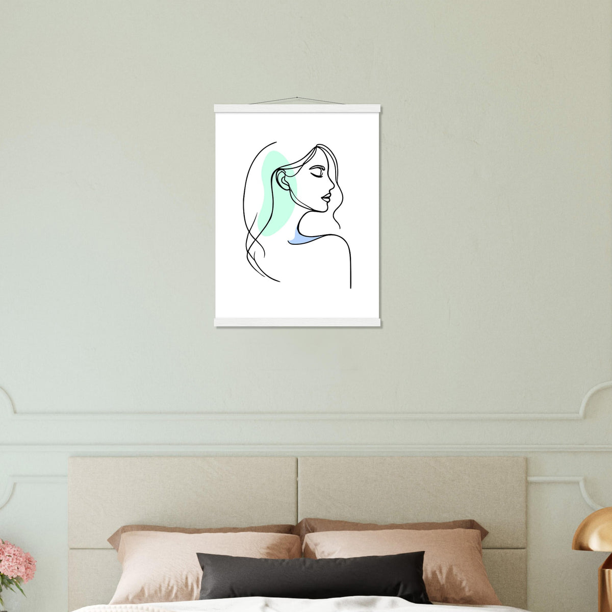 Elegance in Line - Minimalist Female Profile Art with Wooden Hangers - 45x60 cm 18x24″ White wall hanger - Posters With Hanger