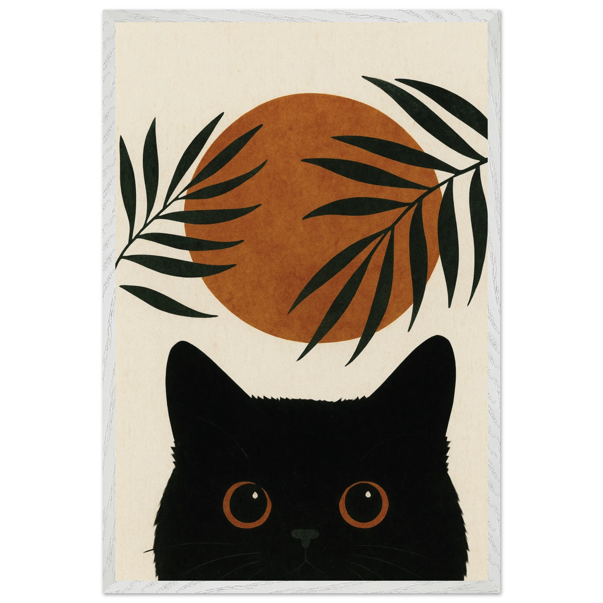 Sunset Whiskers – Minimal Cat Art Wooden Frame Gift - White frame - Wooden Framed Posters