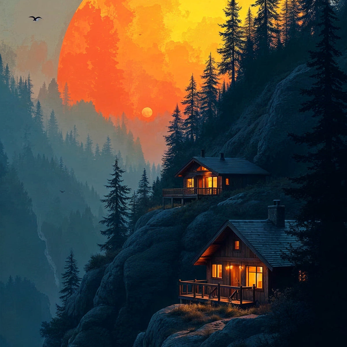 Cabin Under the Moon - - Framed Posters