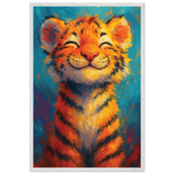 Smiling Tiger Wooden Poster – Gift of Joy & Courage - White frame - Wooden Framed Posters