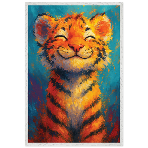 Smiling Tiger Wooden Poster – Gift of Joy & Courage - White frame - Wooden Framed Posters