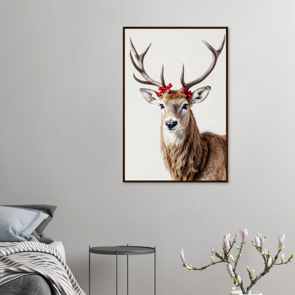 Festive Fawn - Bowed Deer Framed Art - 60x90 cm 24x36″ Dark wood frame - Wooden Framed Posters