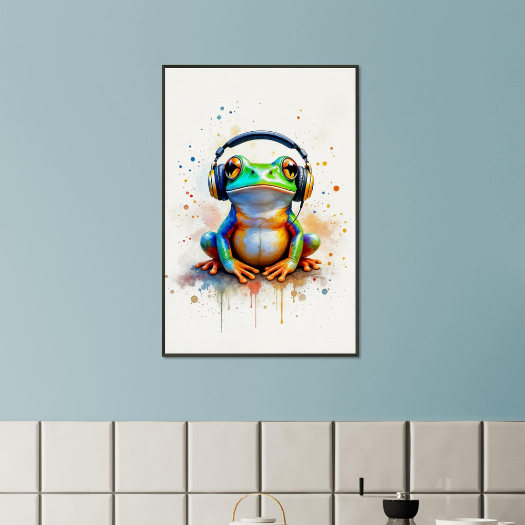 Headphones & Hops - Funky Frog Design - 60x90 cm 24x36″ - Framed Poster