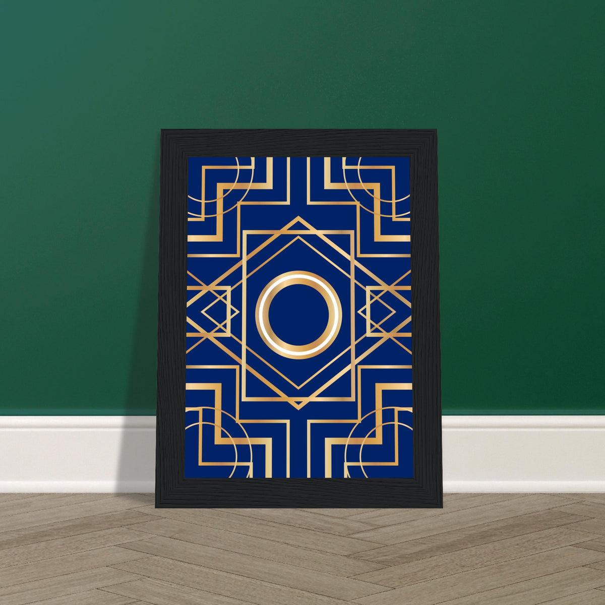 Art Deco Elegance - Blue & Gold Geometric Framed Print - - Wooden Framed Posters