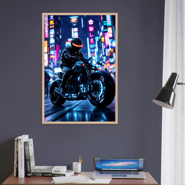Neon Night Rider Poster – Gift for Biker Souls - Wood frame - Wooden Framed Posters