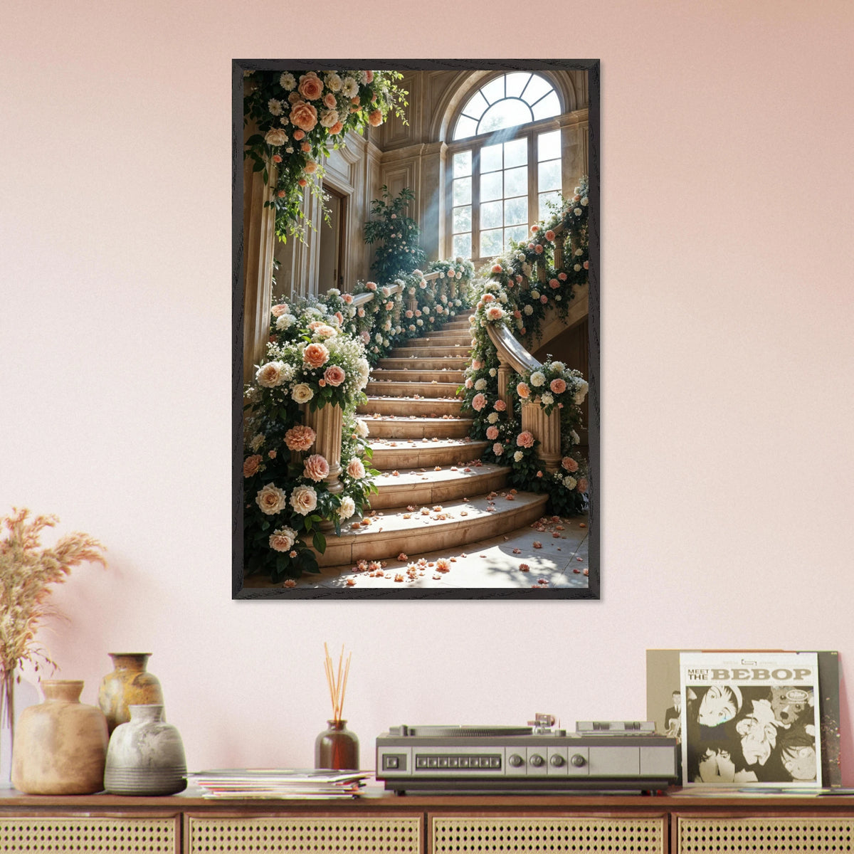 Floral Staircase – Wooden Wall Art - Black frame - Wooden Framed Posters