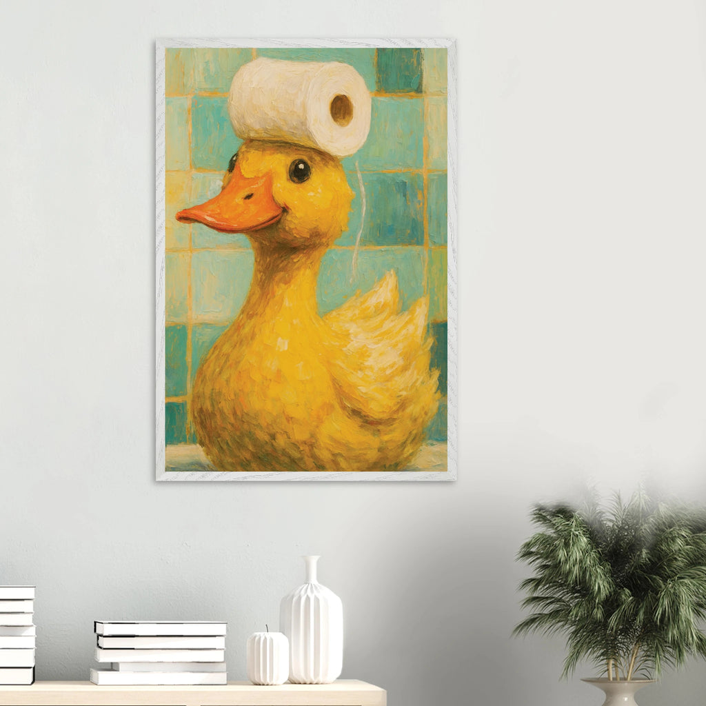 Wooden Framed Poster – Fun Duck Bathroom Decor - White frame - Wooden Framed Posters