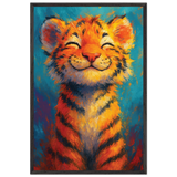 Smiling Tiger Wooden Poster – Gift of Joy & Courage - Black frame - Wooden Framed Posters