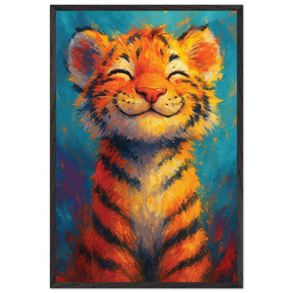 Smiling Tiger Wooden Poster – Gift of Joy & Courage - Black frame - Wooden Framed Posters