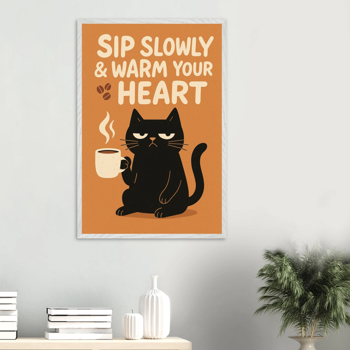 Coffee Cat Framed Poster – A Cozy Gift of Sass - - Wooden Framed Posters