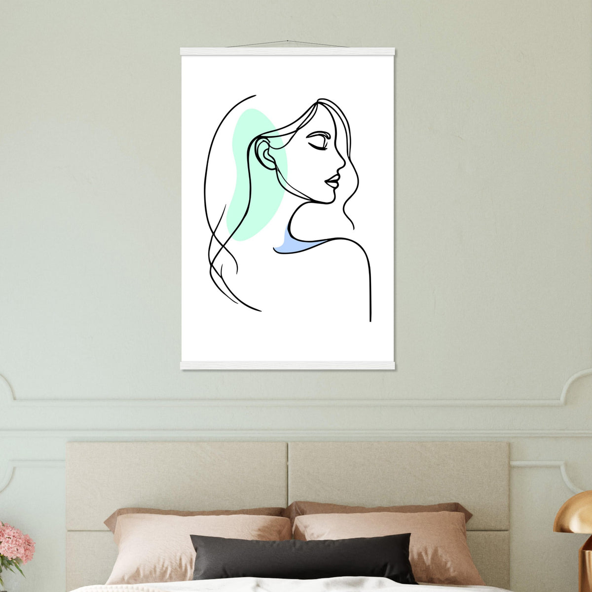 Elegance in Line - Minimalist Female Profile Art with Wooden Hangers - 60x90 cm 24x36″ White wall hanger - Posters With Hanger