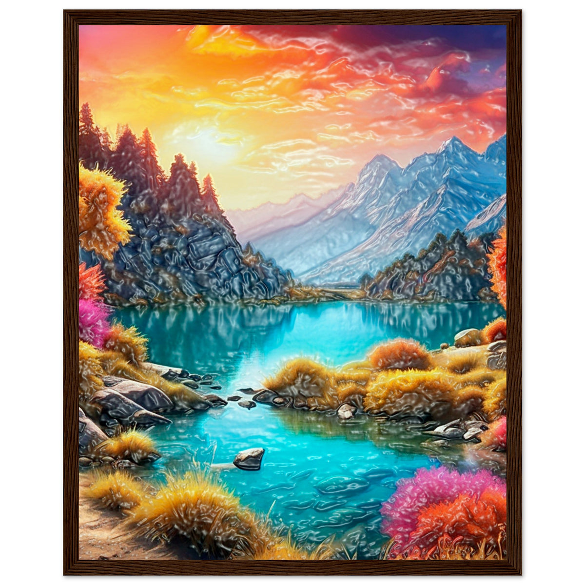 Mountain Serenity - Tranquil Landscape Art - 40x50 cm 16x20″ Dark wood frame - Wooden Framed Poster