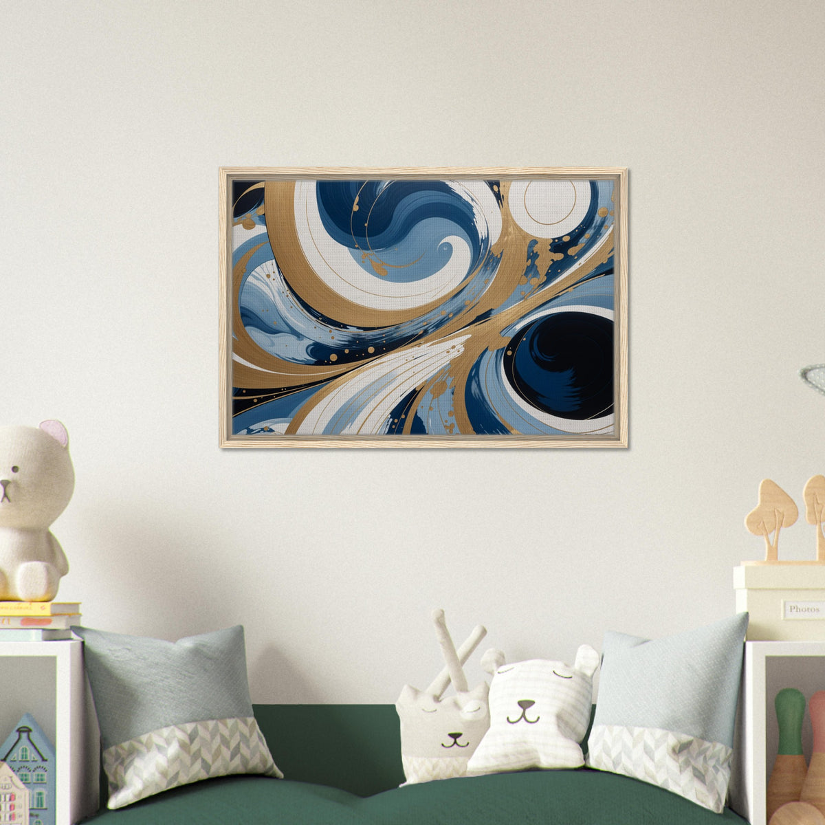 Infinite Flow - Abstract Gold and Navy Whirls - - Framed Canvas