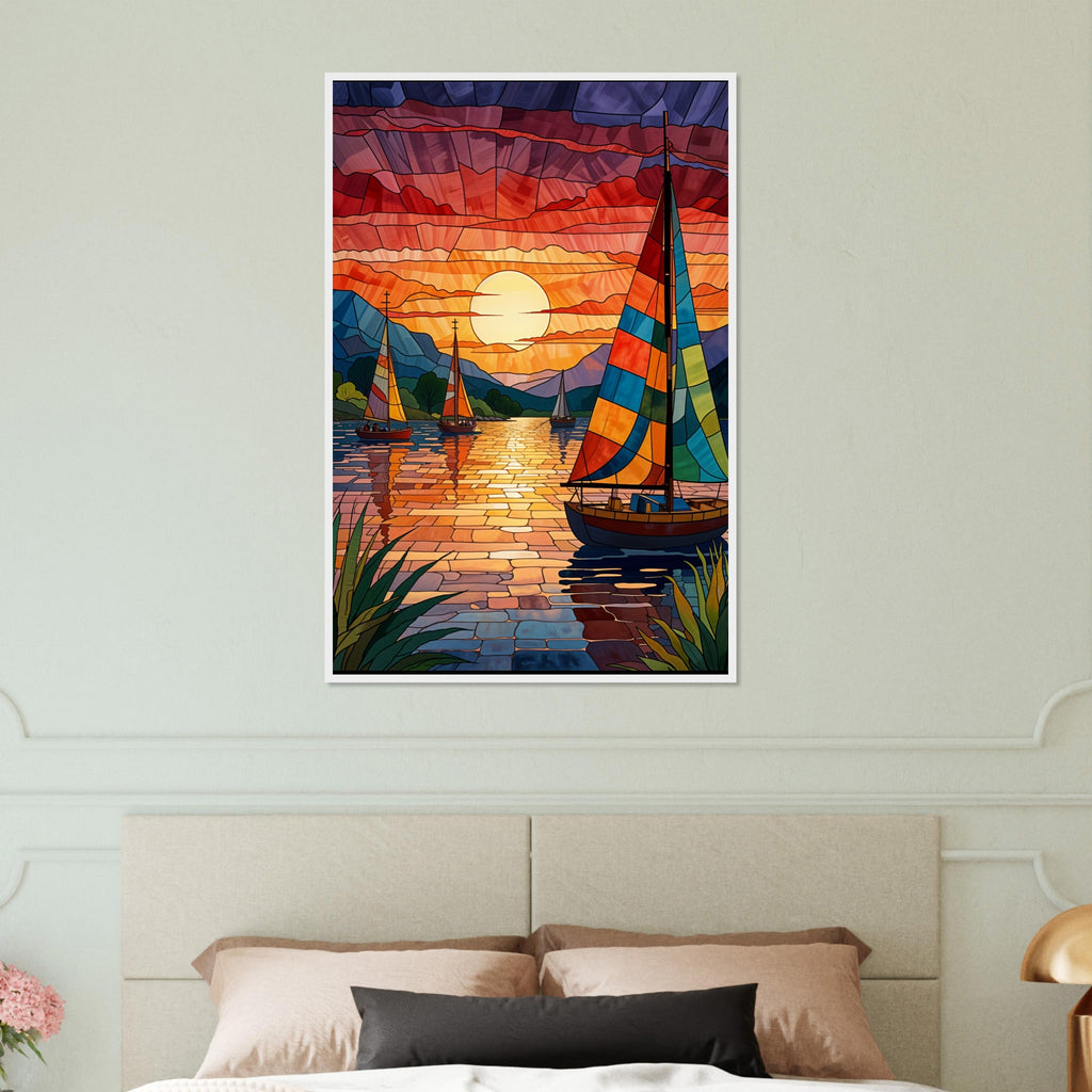 Sunset Sail - Stained Glass Boat Framed Print - White frame 60x90 cm 24x36″ - Wooden Framed Posters