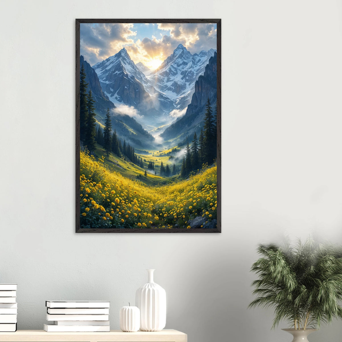 Mountain Glow – Metal Poster for Calm Spaces - Black frame - Wooden Framed Posters