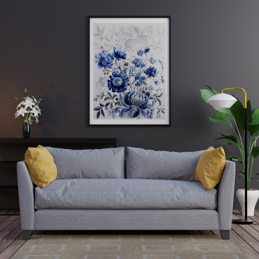 Floral Elegance - Blue Bloom Framed Wall Art - - Wooden Framed Posters