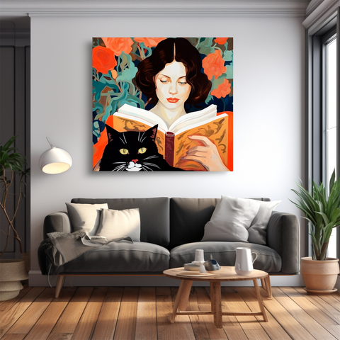 Image of Reading in Bloom - Lady with Cat and Roses