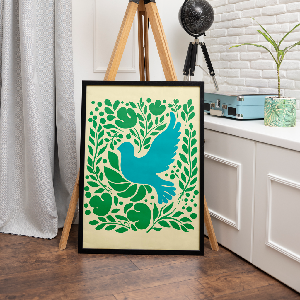 Nature's Embrace - Blue Bird and Greenery - - Wooden Framed Posters