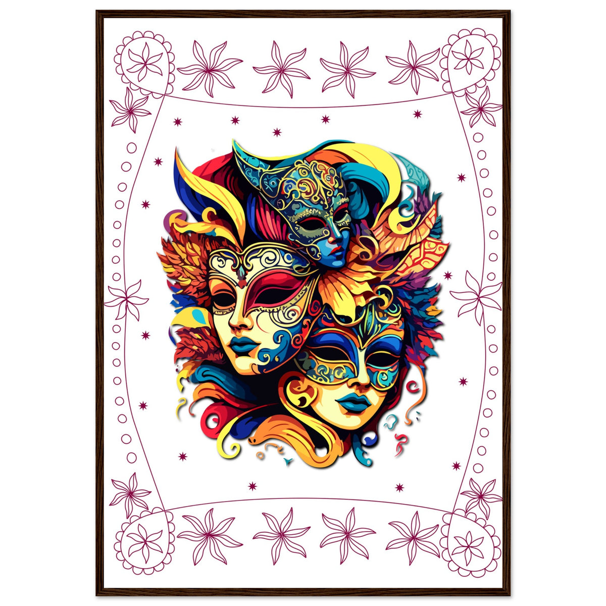 Colorful Mask Trio - Luxury Framed Print - 70x100 cm 28x40″ Dark wood frame - Wooden Framed Posters