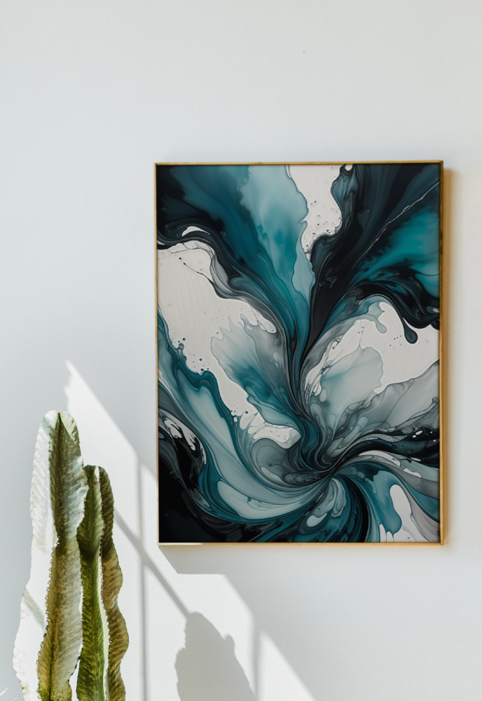 Midnight Flow - Elegant Swirls of Blue and Black - - Framed Canvas