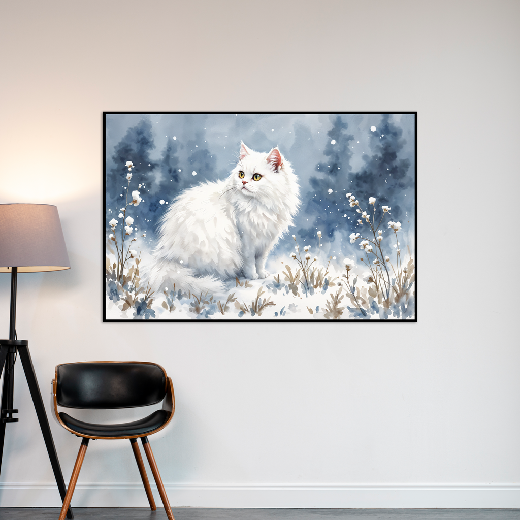 Winter Elegance - Snowy Cat Portrait - - Framed Poster