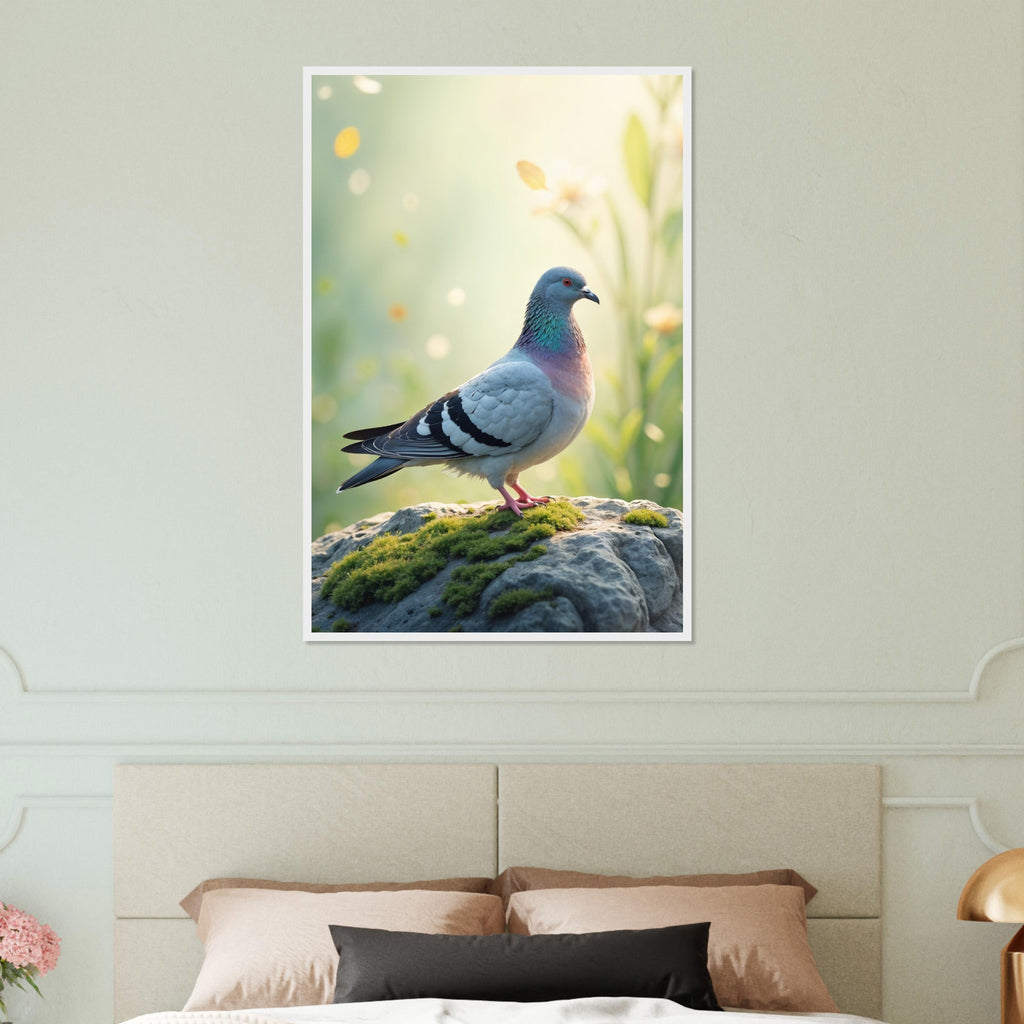 Peaceful Perch - Dove on Mossy Rock Print - 60x90 cm 24x36″ White frame - Wooden Framed Poster