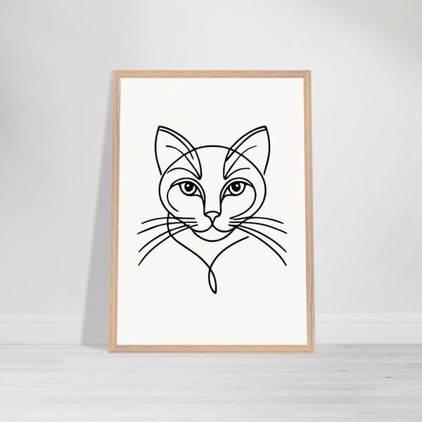 Timeless Cat Line Art - Natural Wood Framed Elegance - 50x70 cm 20x28″ Wood frame - Wooden Framed Posters