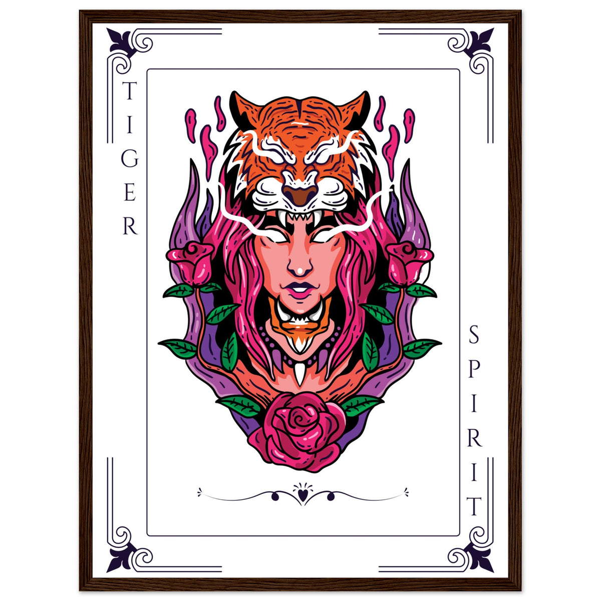 Artistry Unleashed - Warrior, Sacred Bull, and Tiger Spirit - 45x60 cm 18x24″ Dark wood frame Tiger Spirit - Wooden Framed Posters