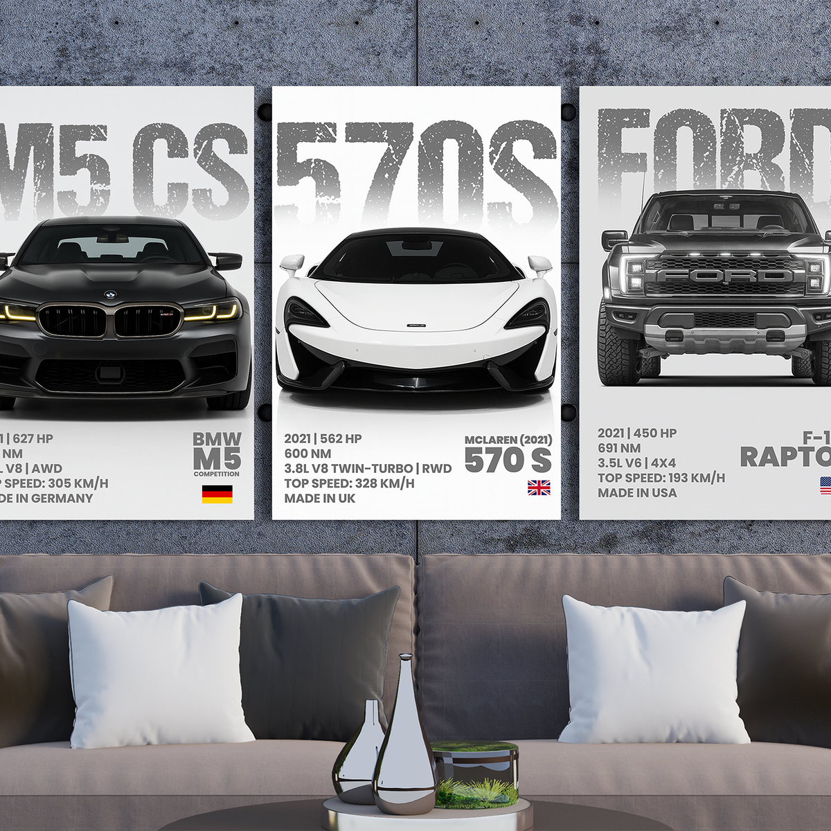 Car Lover's Gift – M5, 570S & Raptor Metal Framed Poster Set - - Metal Framed Posters