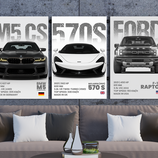 Car Lover's Gift – M5, 570S & Raptor Metal Framed Poster Set - - Metal Framed Posters