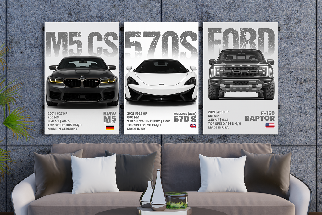 Car Lover's Gift – M5, 570S & Raptor Metal Framed Poster Set - - Metal Framed Posters