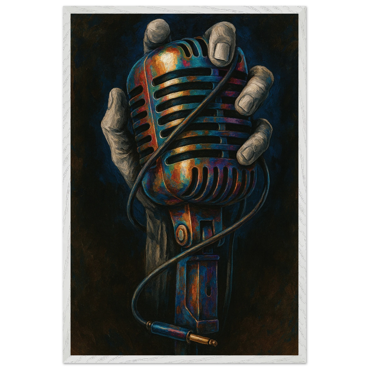 Retro Mic Hand Print – Musician Wooden Frame Gift - White frame - Wooden Framed Posters