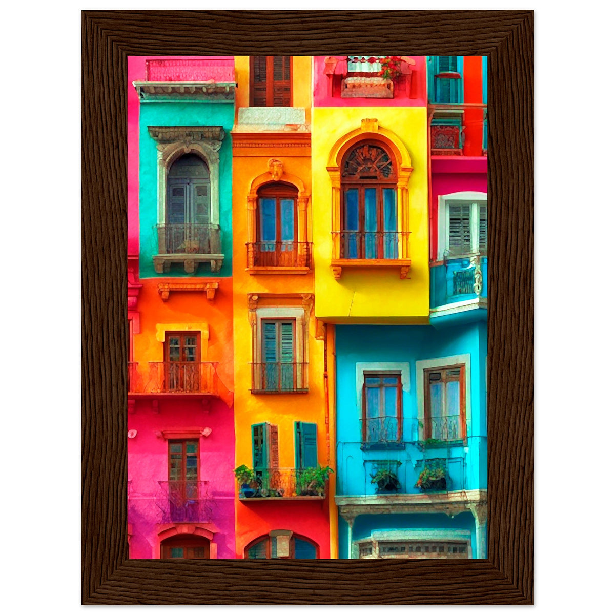 Vibrant Dreams - Colorful Cityscape Art - 13x18 cm 5x7″ Dark wood frame - Wooden Framed Poster