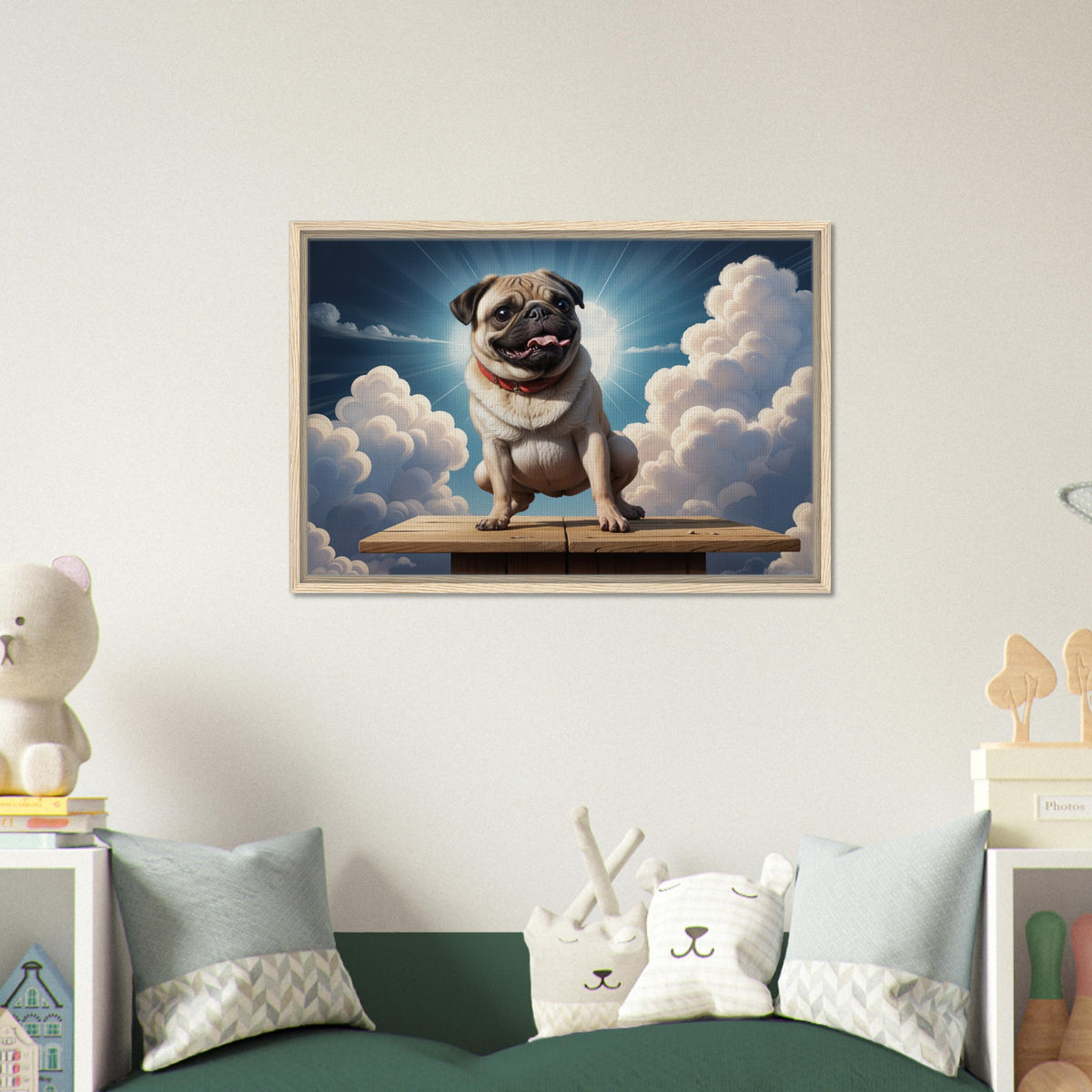 Playful Pug - Sitting Proud in the Sky - - Framed Canvas