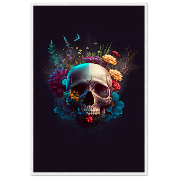 Nature’s Duality - Vibrant Flowers and Skull - 60x90 cm 24x36″ White frame - Wooden Framed Posters