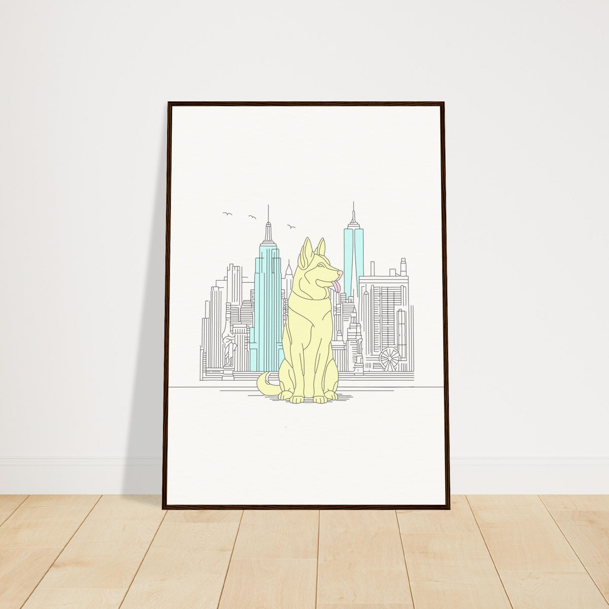 Urban Companion - Dog and Cityscape Art - 70x100 cm 28x40″ Dark wood frame - Wooden Framed Posters