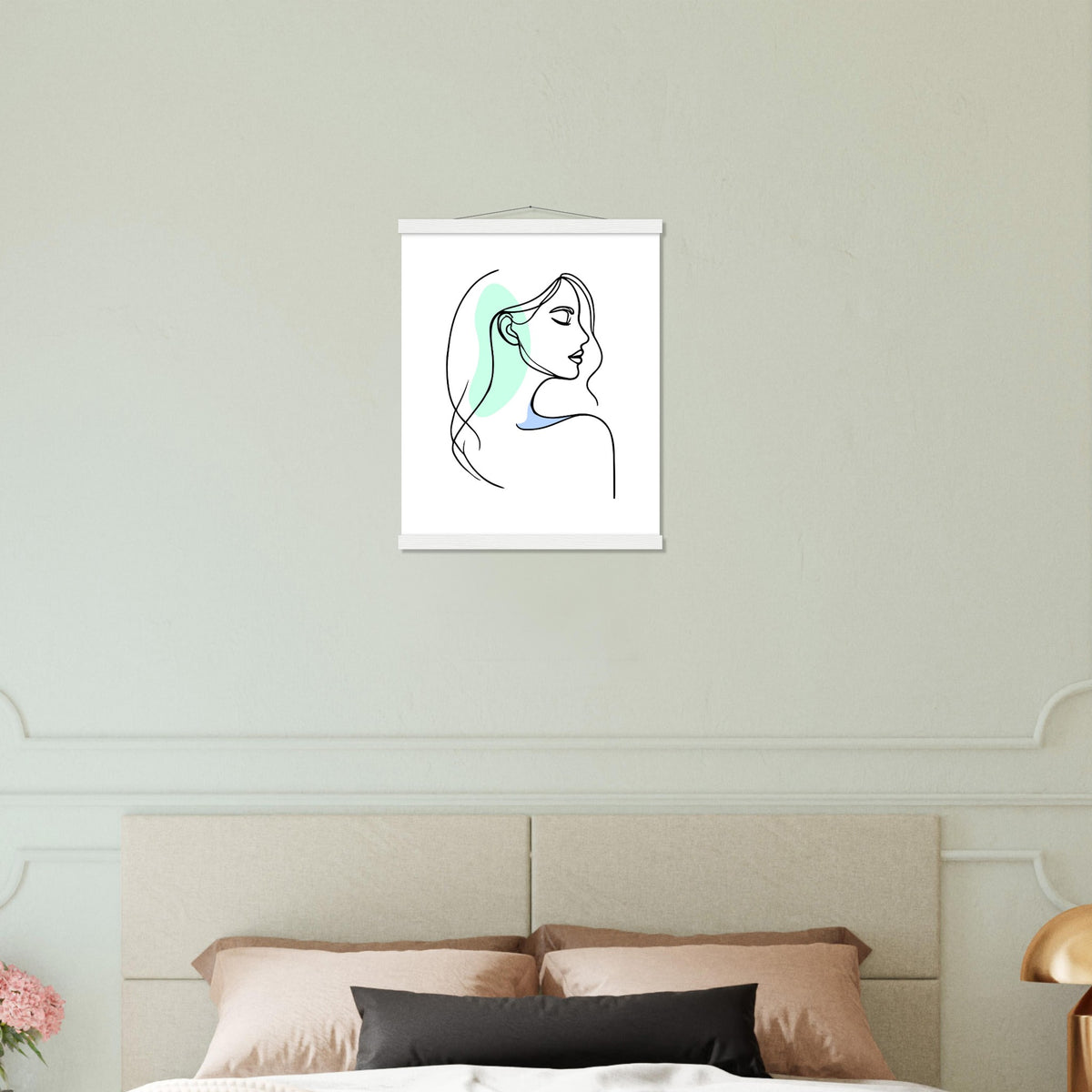 Elegance in Line - Minimalist Female Profile Art with Wooden Hangers - 40x50 cm 16x20″ White wall hanger - Posters With Hanger