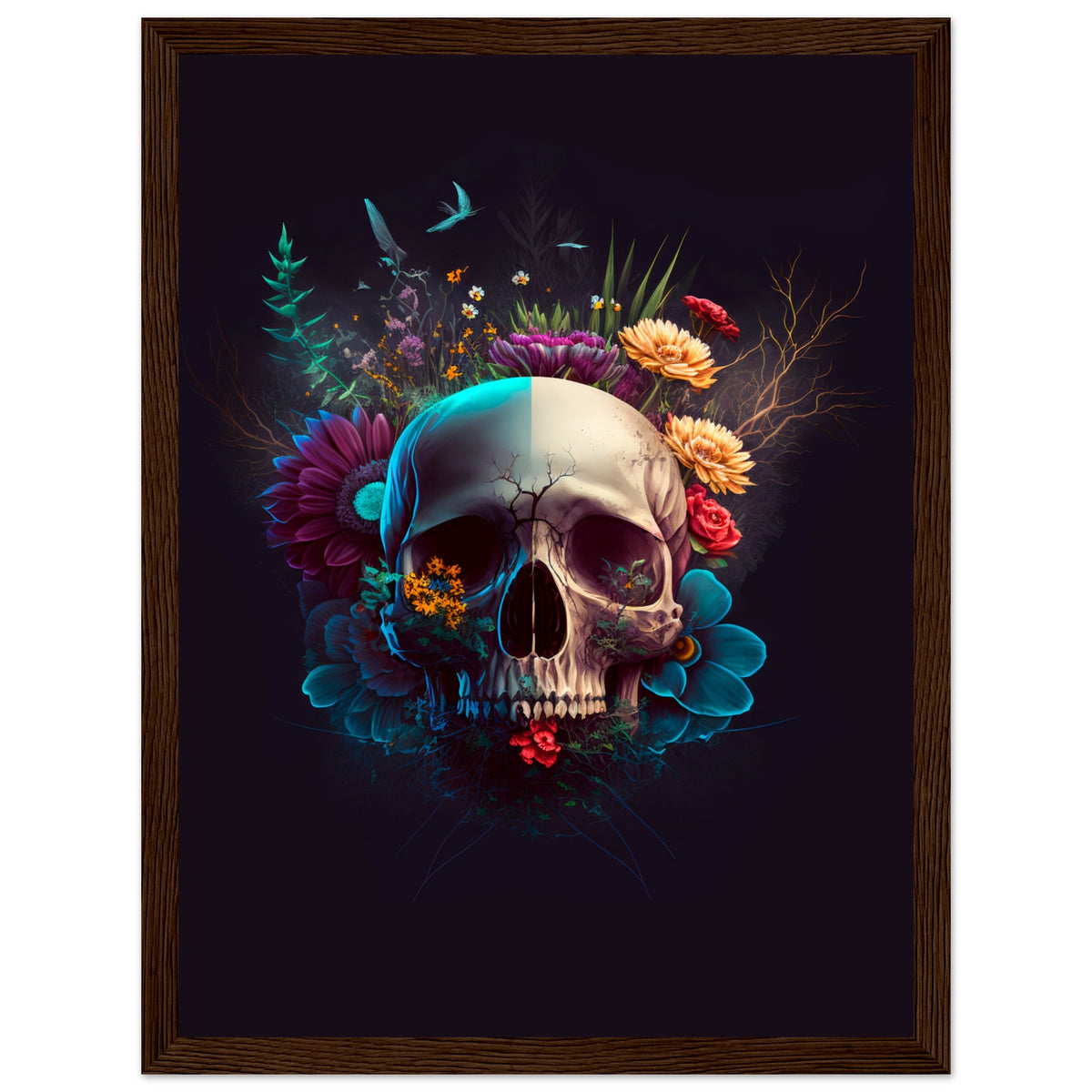 Nature’s Duality - Vibrant Flowers and Skull - 30x40 cm 12x16″ Dark wood frame - Wooden Framed Posters