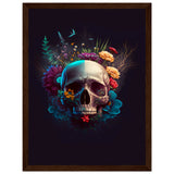 Nature’s Duality - Vibrant Flowers and Skull - 30x40 cm 12x16″ Dark wood frame - Wooden Framed Posters