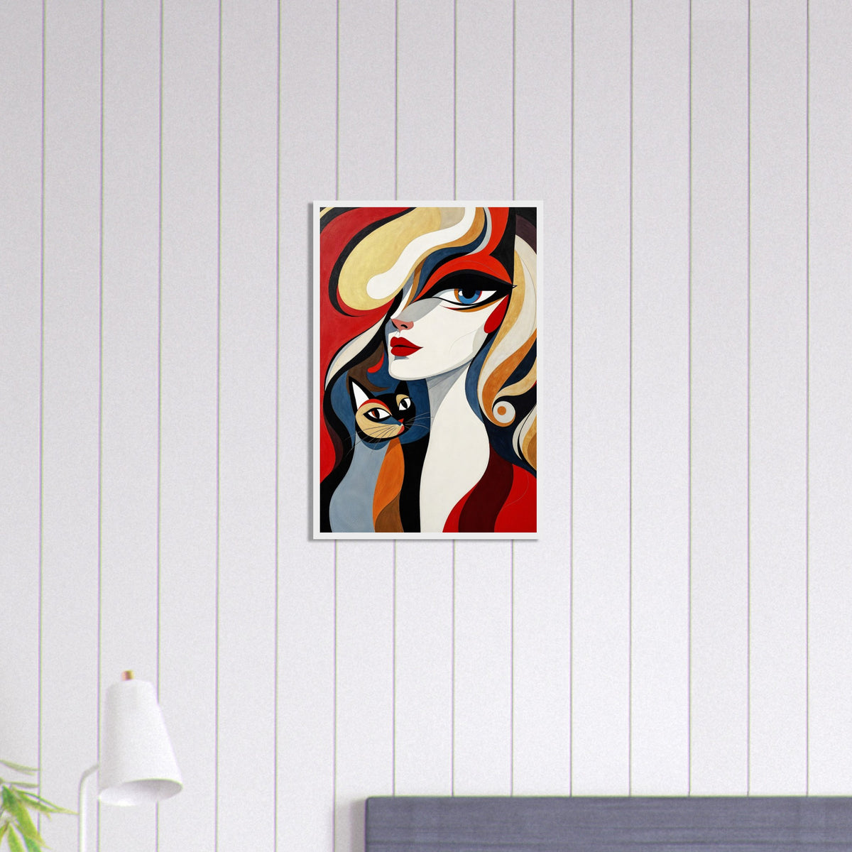 Bold Graphic Woman with Feline Companion Wall Decor - White frame 40x60 cm 16x24″ - Wooden Framed Posters