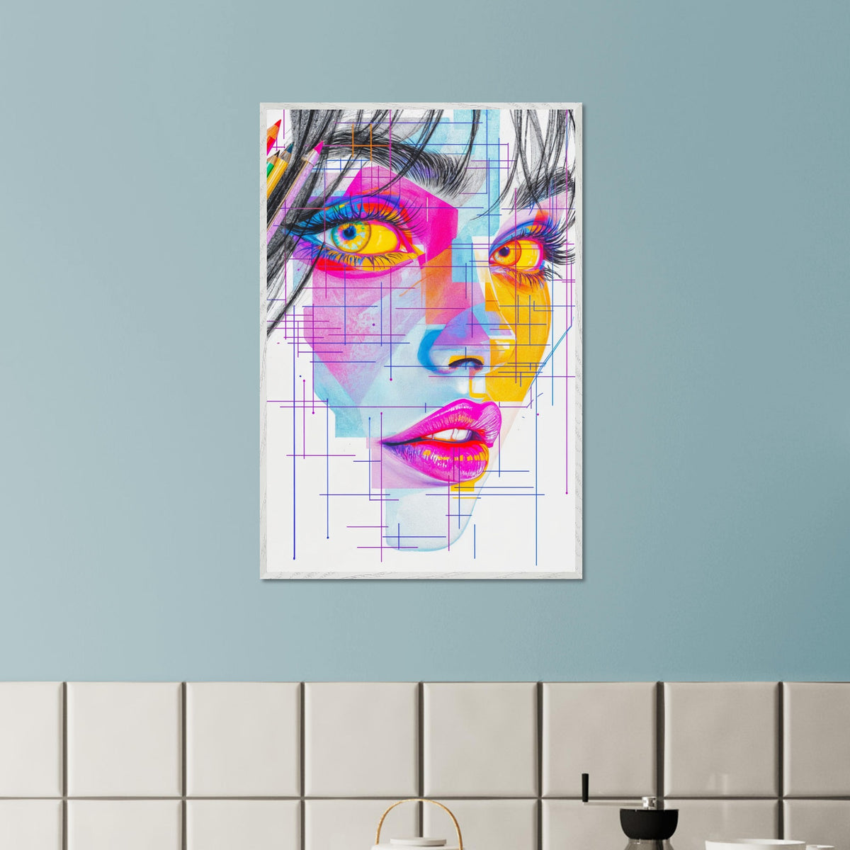 Color Meets Lines - Futuristic Portrait in Premium Frame - - Framed Posters