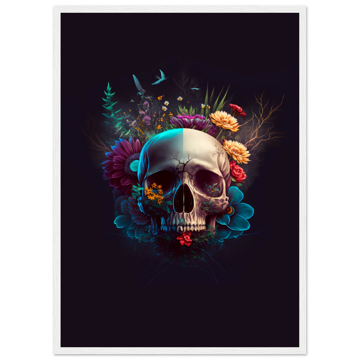 Nature’s Duality - Vibrant Flowers and Skull - 50x70 cm 20x28″ White frame - Wooden Framed Posters