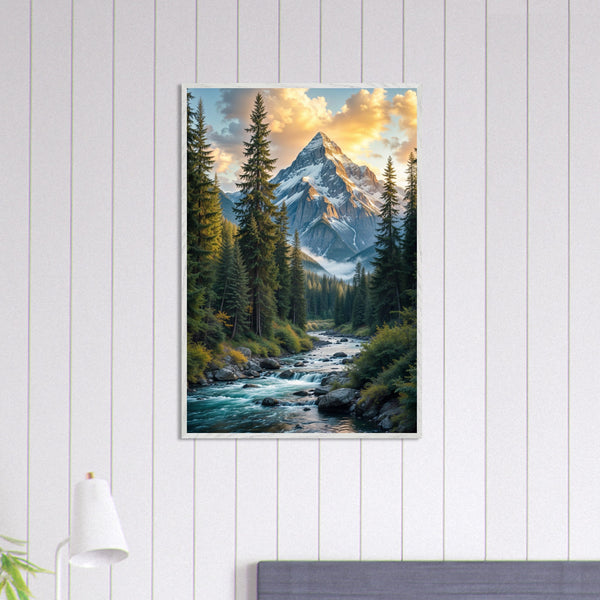 Golden Peaks - Sunrise Over a Flowing River - - Framed Posters