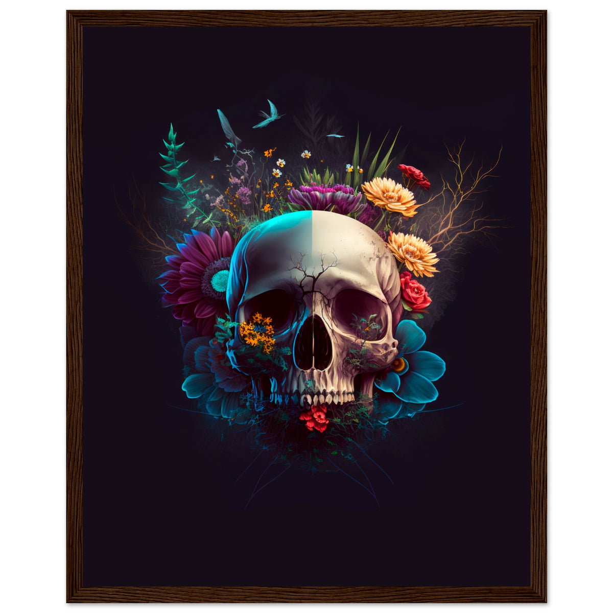 Nature’s Duality - Vibrant Flowers and Skull - 40x50 cm 16x20″ Dark wood frame - Wooden Framed Posters