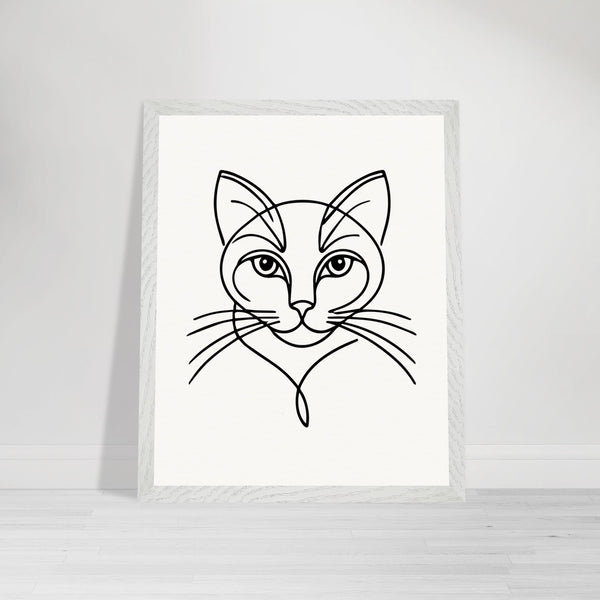 Timeless Cat Line Art - Natural Wood Framed Elegance - 40x50 cm 16x20″ White frame - Wooden Framed Posters