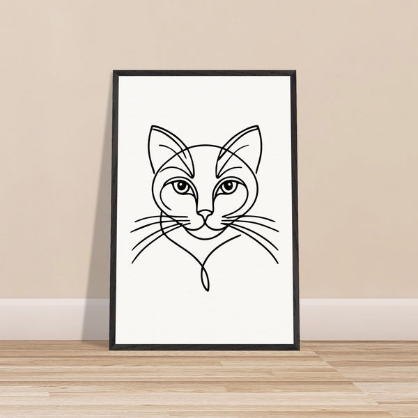 Timeless Cat Line Art - Natural Wood Framed Elegance - - Wooden Framed Posters