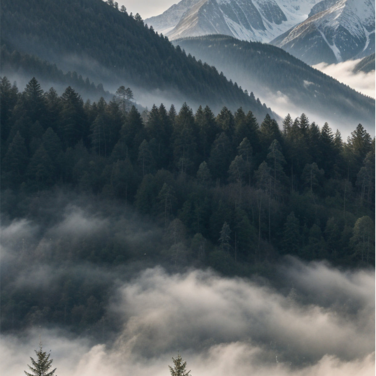 Majestic Peaks in Morning Mist - - Framed Posters